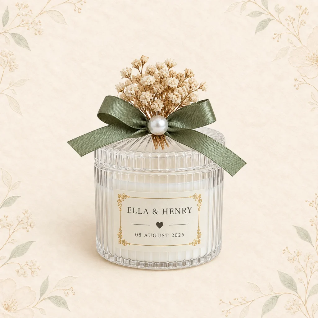 Ribbed glass candle favor for Ella and Henry dated 8 August 2026