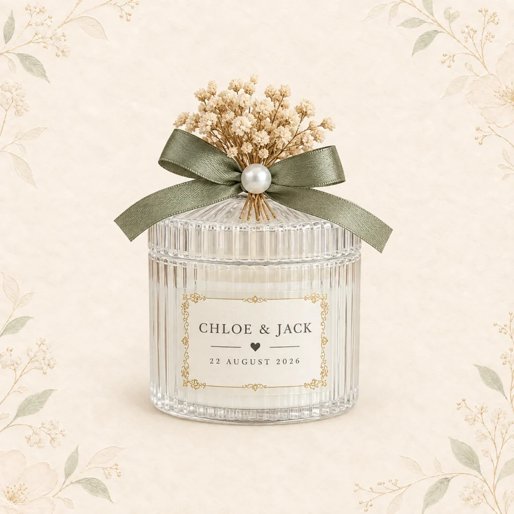 Ribbed glass candle favor for Chloe and Jack dated 22 August 2026