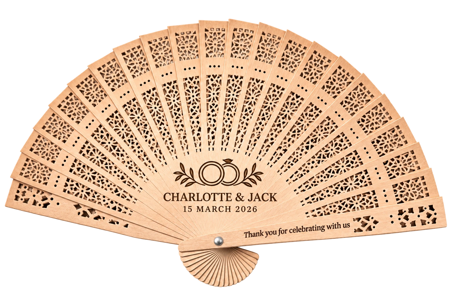 Personalized sandalwood wedding fan engraved for Charlotte and Jack
