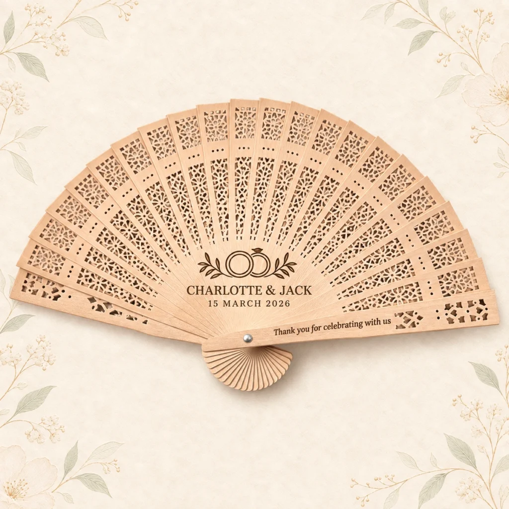 Personalized sandalwood wedding fan engraved for Charlotte and Jack