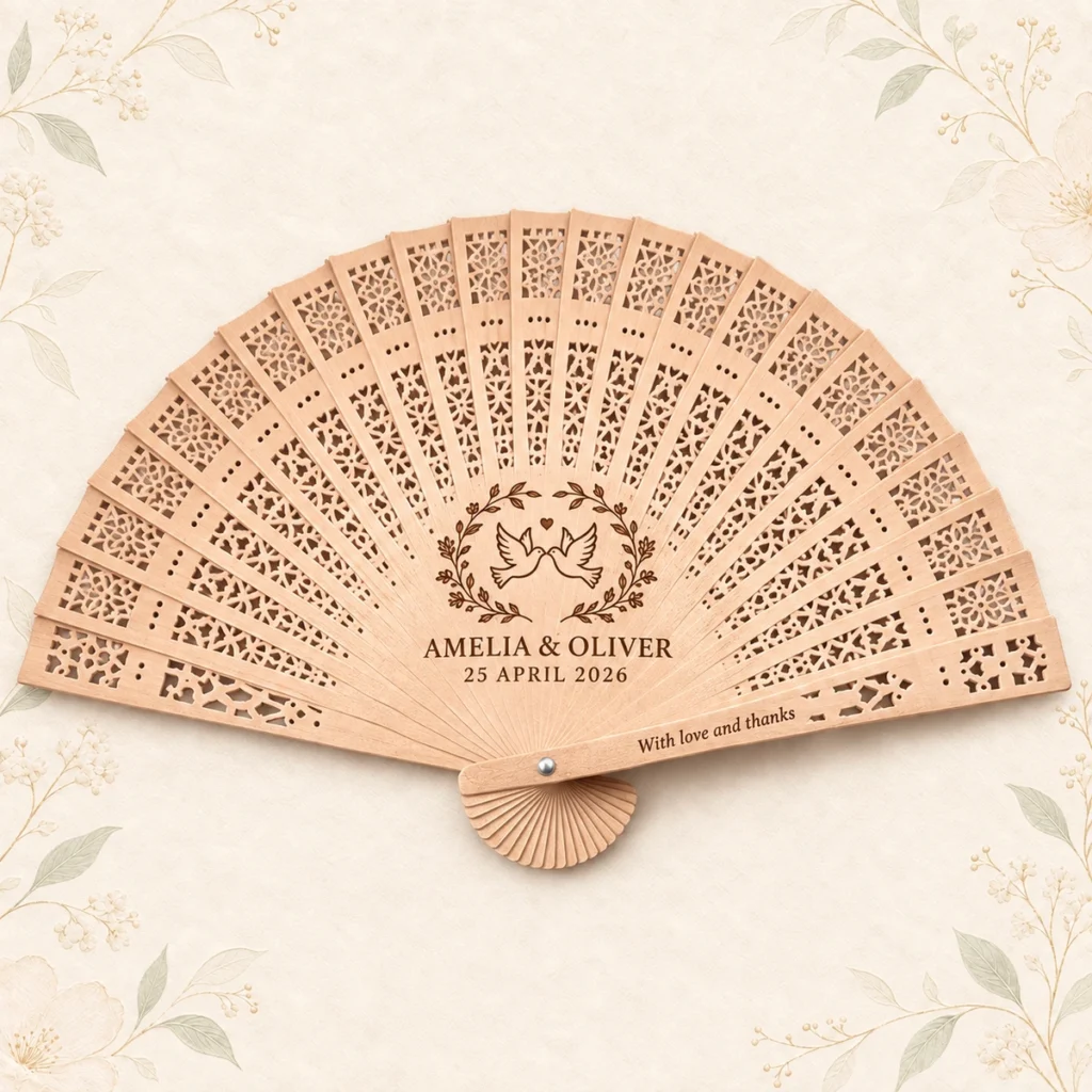 Personalized sandalwood wedding fan engraved for Amelia and Oliver