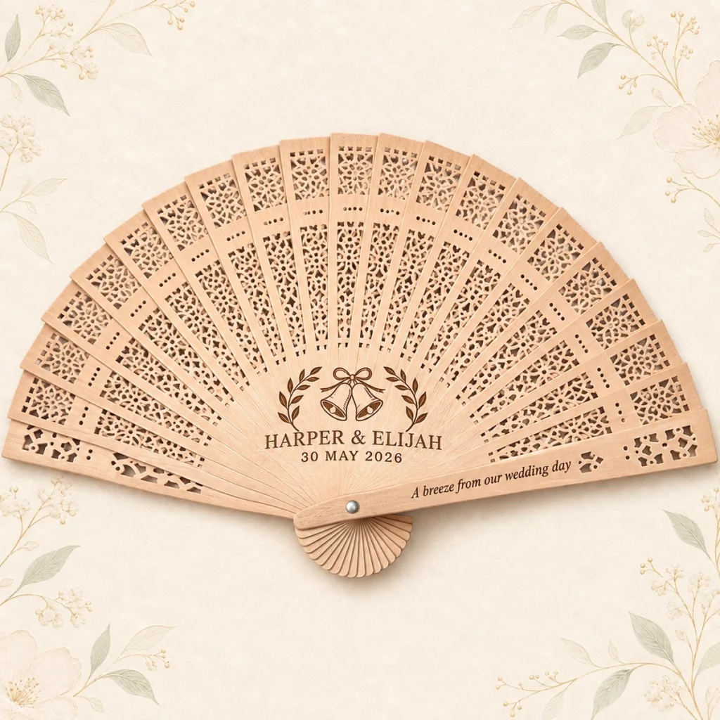 Personalized sandalwood wedding fan engraved for Harper and Elijah