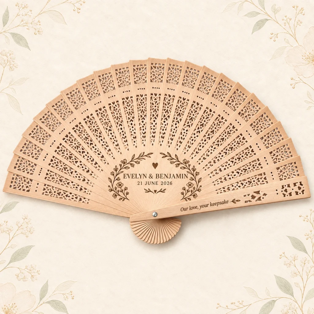 Personalized sandalwood wedding fan engraved for Evelyn and Benjamin