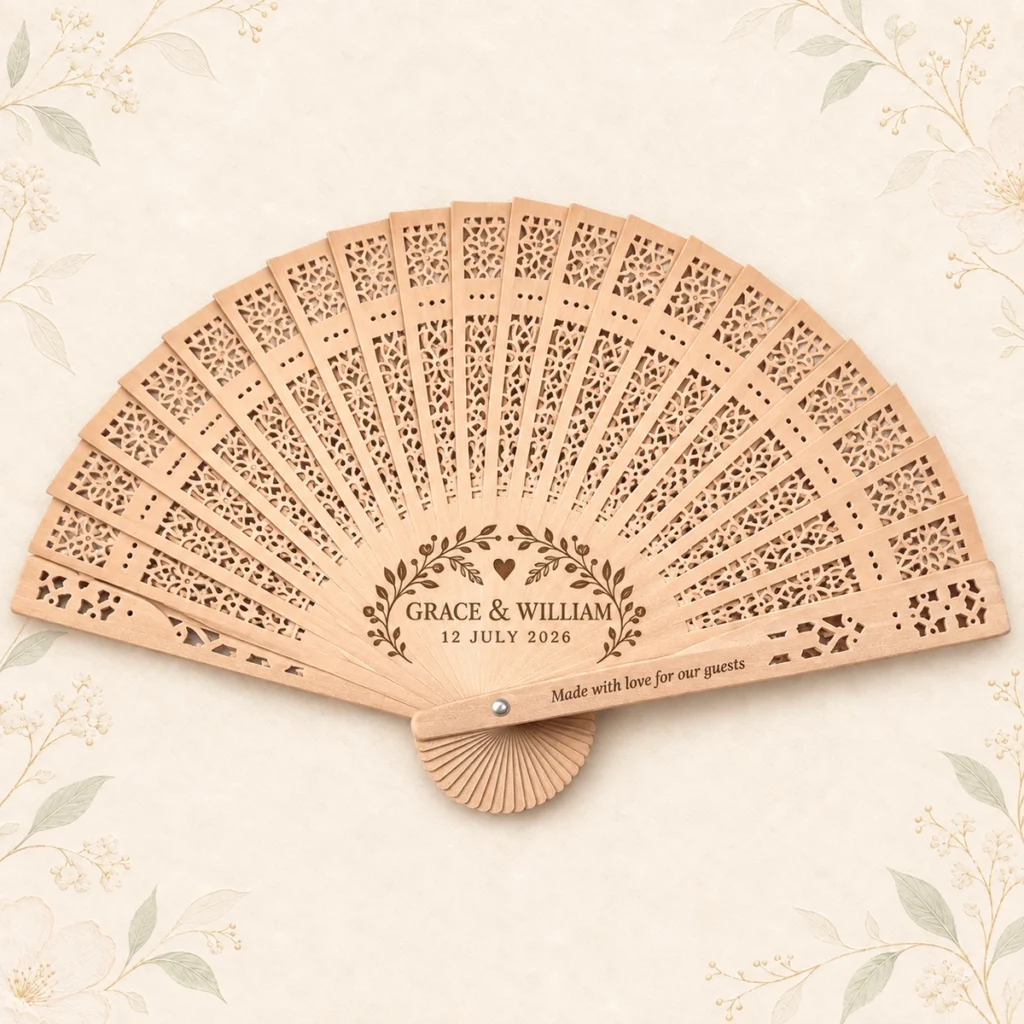Personalized sandalwood wedding fan engraved for Grace and William