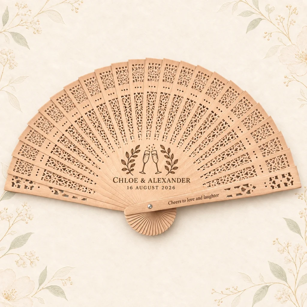 Personalized sandalwood wedding fan engraved for Chloe and Alexander