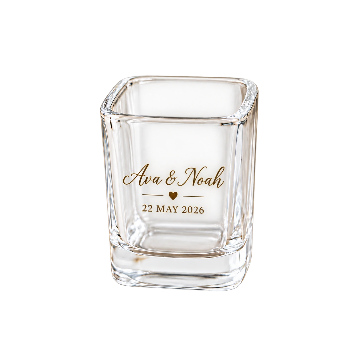 Clear square shot glass for Ava and Noah dated 22 May 2026