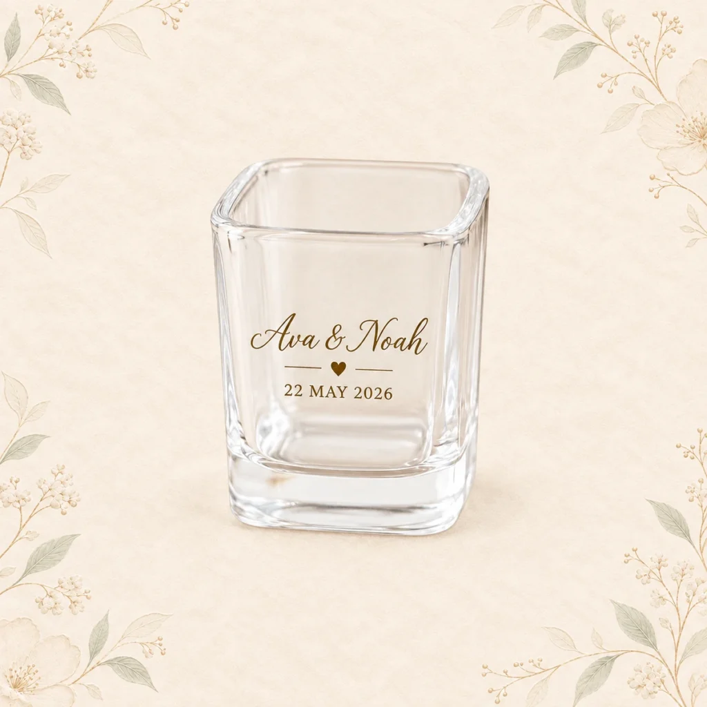 Clear square shot glass for Ava and Noah dated 22 May 2026