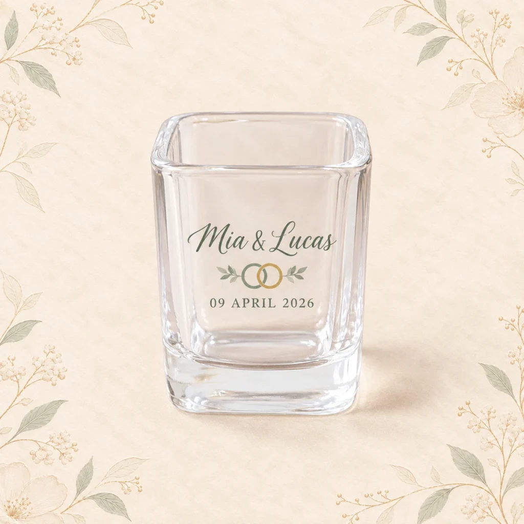 Clear square shot glass for Mia and Lucas dated 9 April 2026