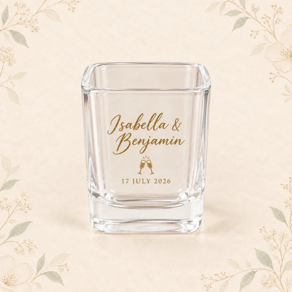Clear square shot glass for Isabella and Benjamin dated 17 July 2026