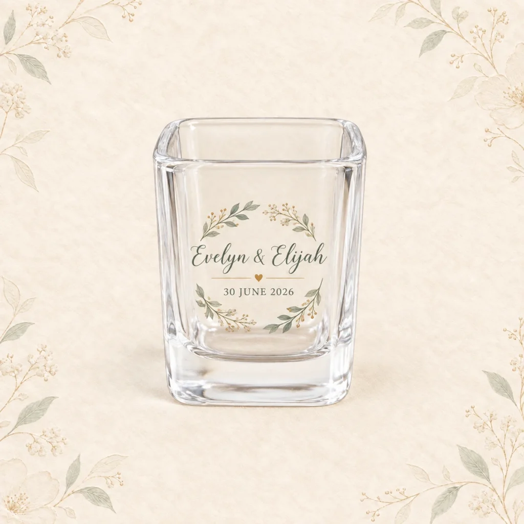 Clear square shot glass for Evelyn and Elijah dated 30 June 2026