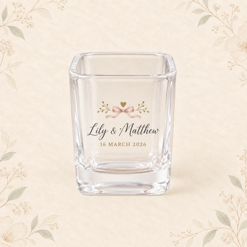 Clear square shot glass for Lily and Matthew dated 16 March 2026