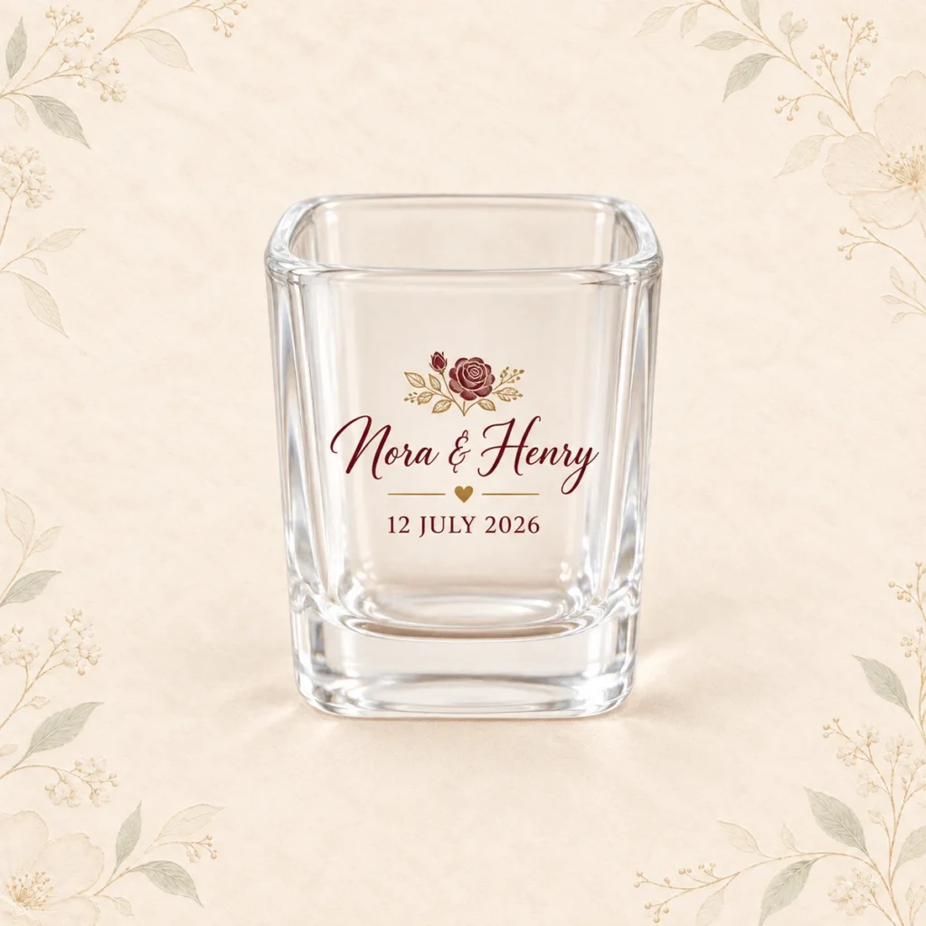 Clear square shot glass for Nora and Henry dated 12 July 2026
