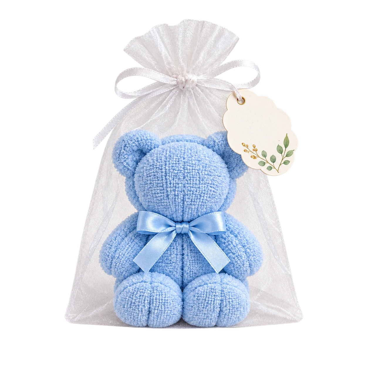 Powder blue folded towel teddy bear baby shower favor