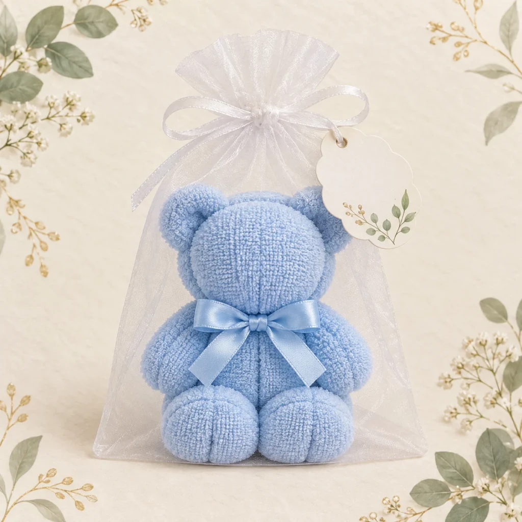 Powder blue folded towel teddy bear baby shower favor
