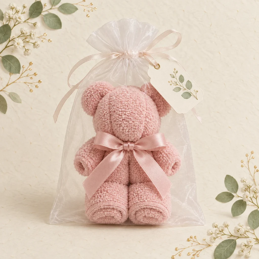 Blush pink folded towel teddy bear baby shower favor