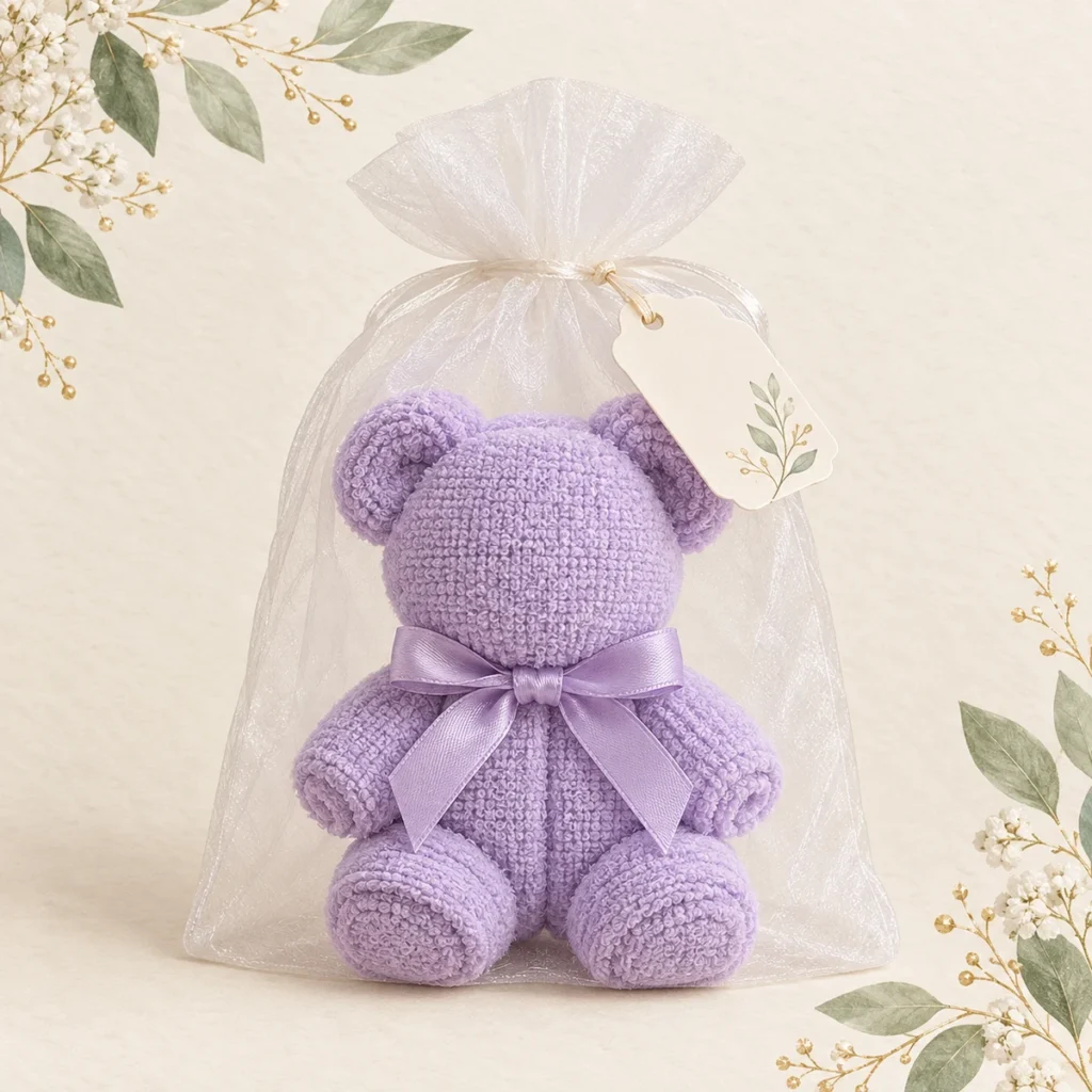 Soft lavender folded towel teddy bear baby shower favor
