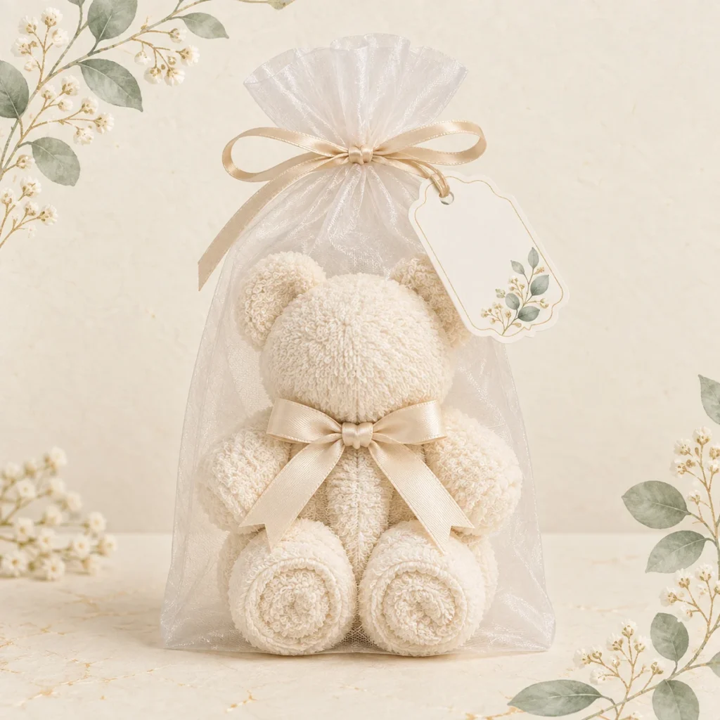 Warm cream folded towel teddy bear baby shower favor