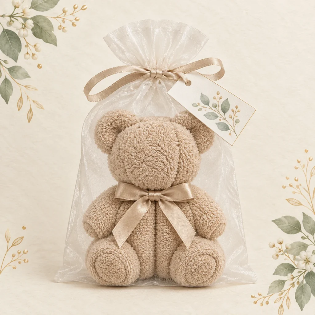 Camel beige folded towel teddy bear baby shower favor
