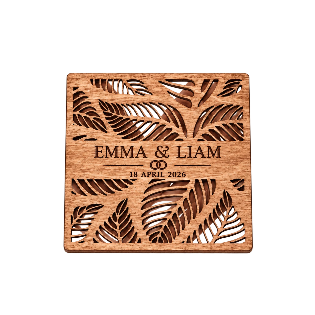 Personalized tropical wood coaster for Emma and Liam dated 18 April 2026
