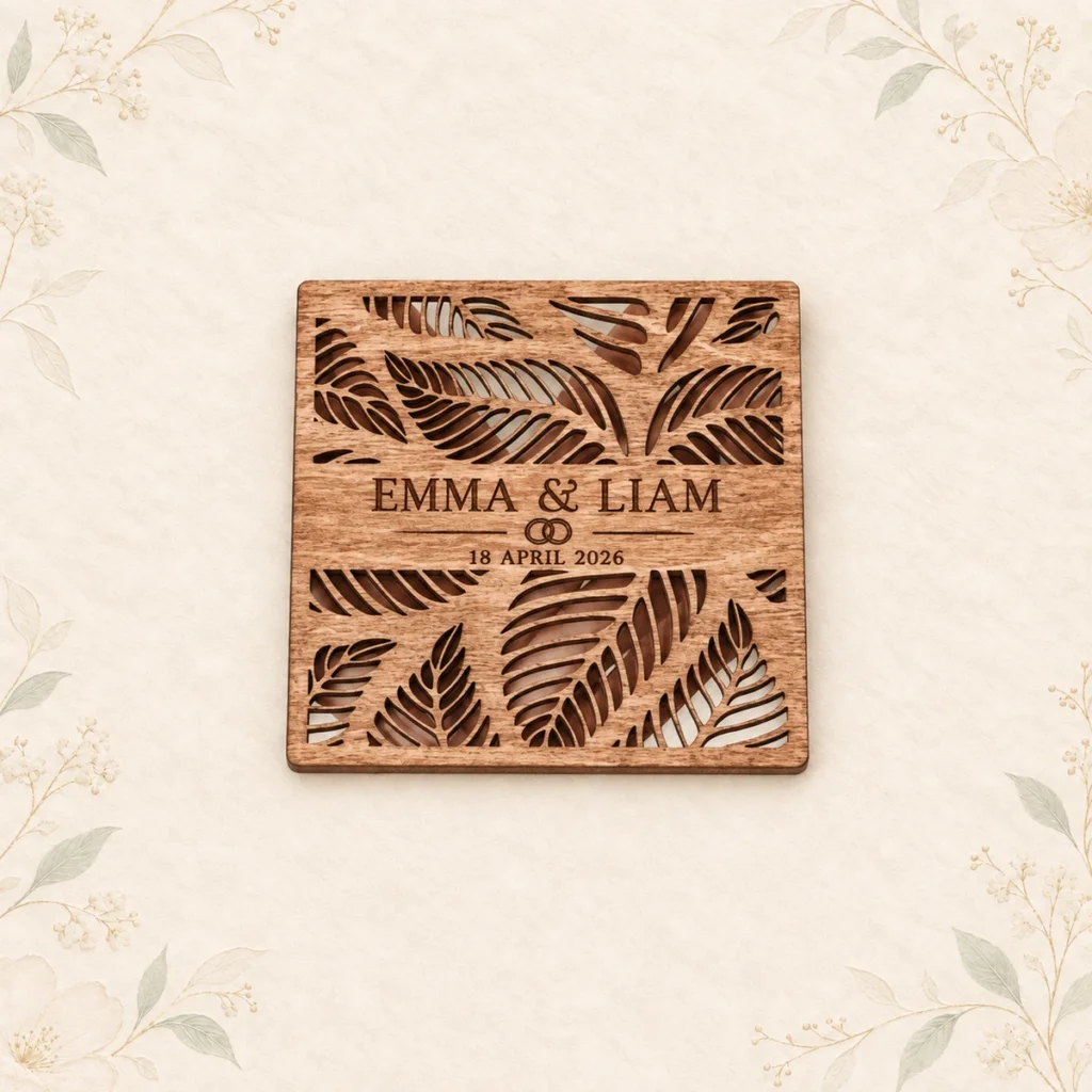 Personalized tropical wood coaster for Emma and Liam dated 18 April 2026