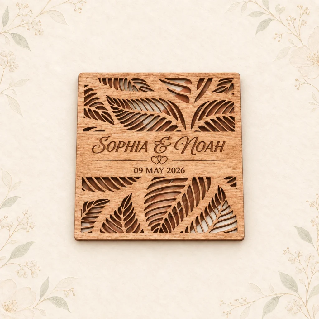 Personalized tropical wood coaster for Sophia and Noah dated 9 May 2026