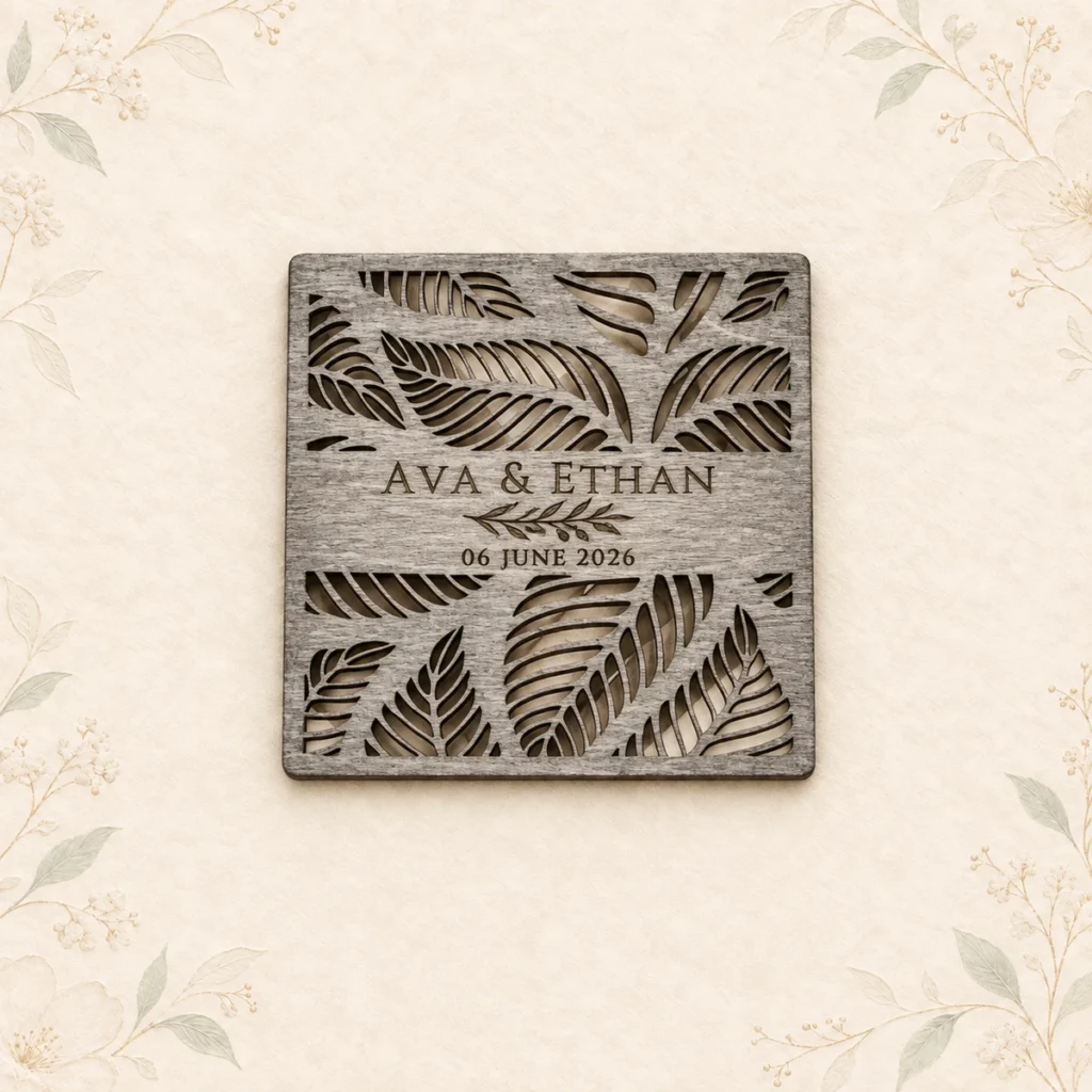 Personalized tropical wood coaster for Ava and Ethan dated 6 June 2026
