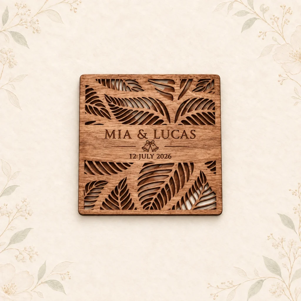 Personalized tropical wood coaster for Mia and Lucas dated 12 July 2026