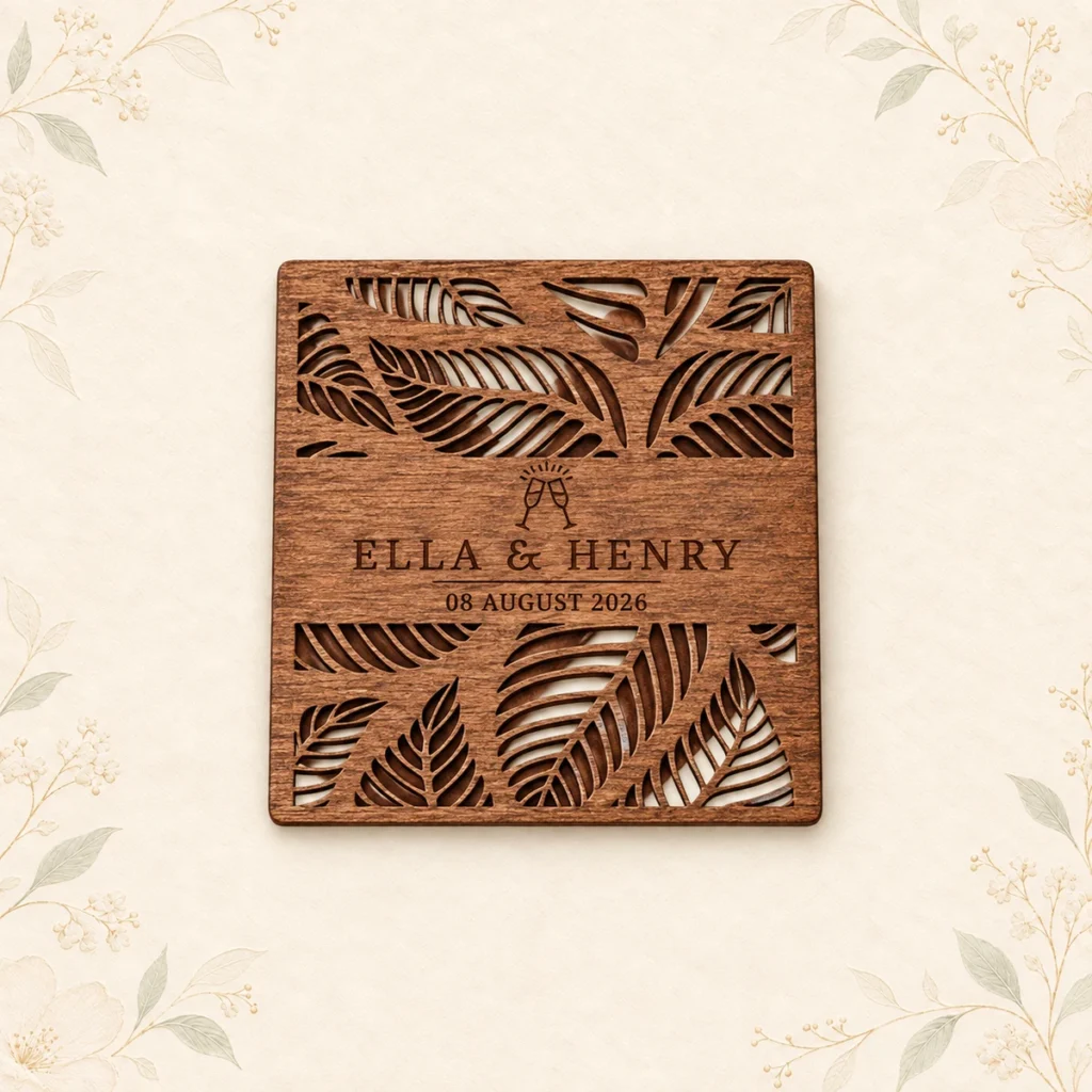 Personalized tropical wood coaster for Ella and Henry dated 8 August 2026