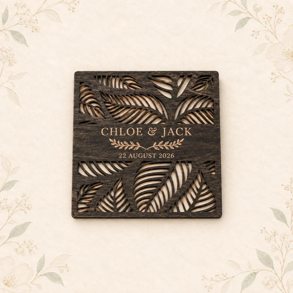 Personalized tropical wood coaster for Chloe and Jack dated 22 August 2026