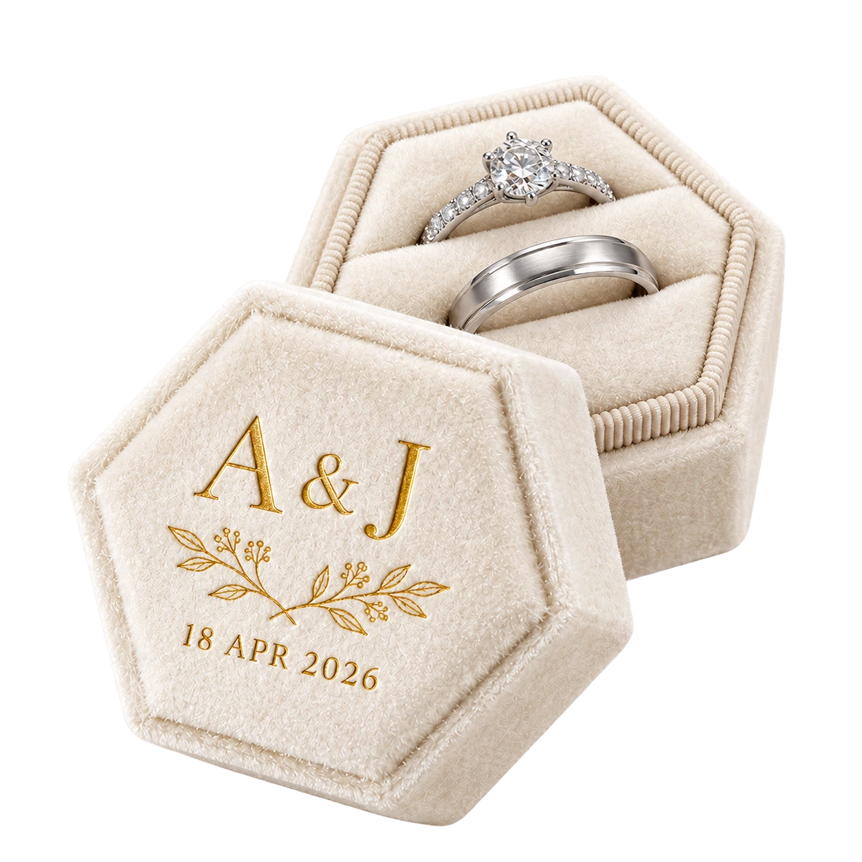 Ivory velvet ring box with A and J initials dated 18 April 2026