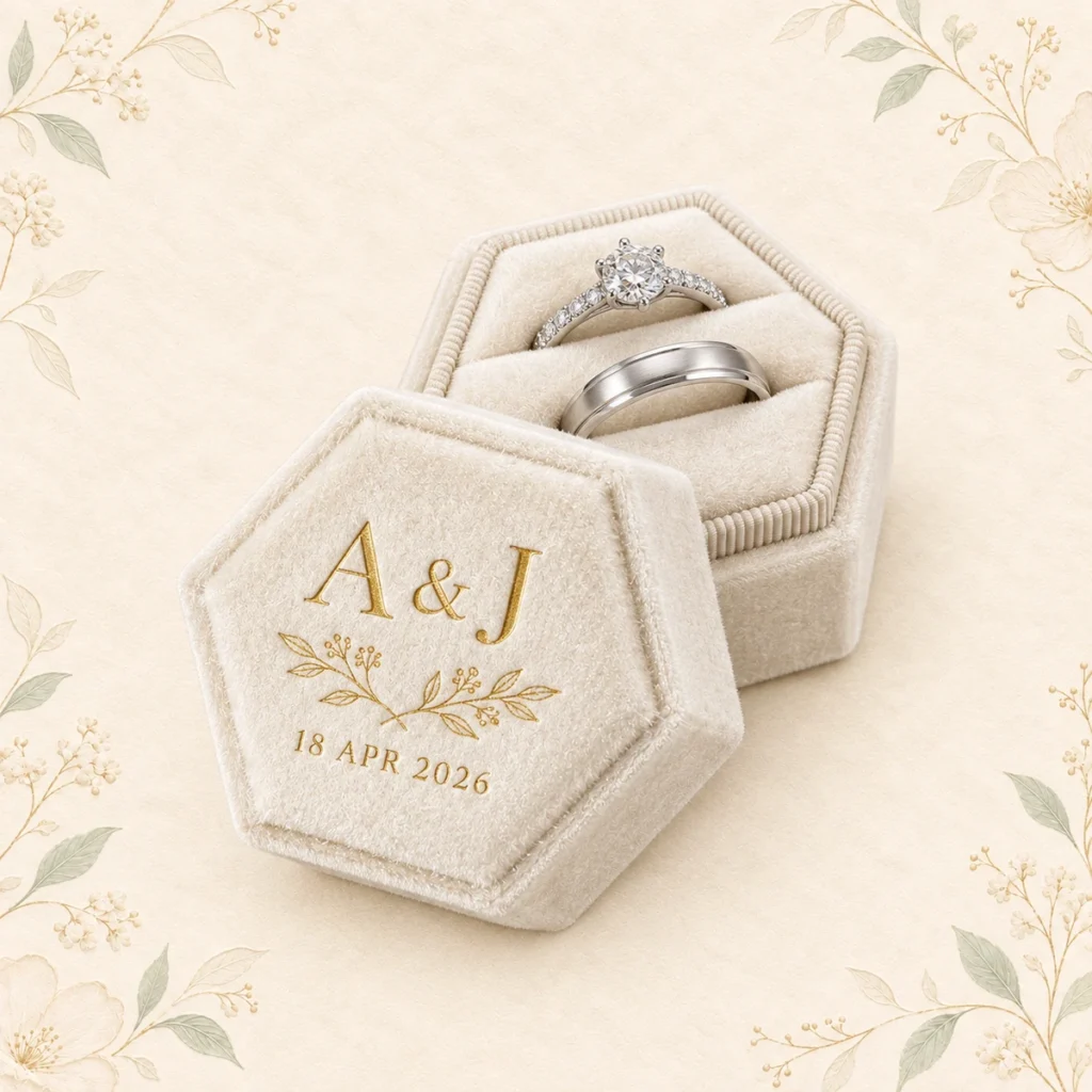 Ivory velvet ring box with A and J initials dated 18 April 2026