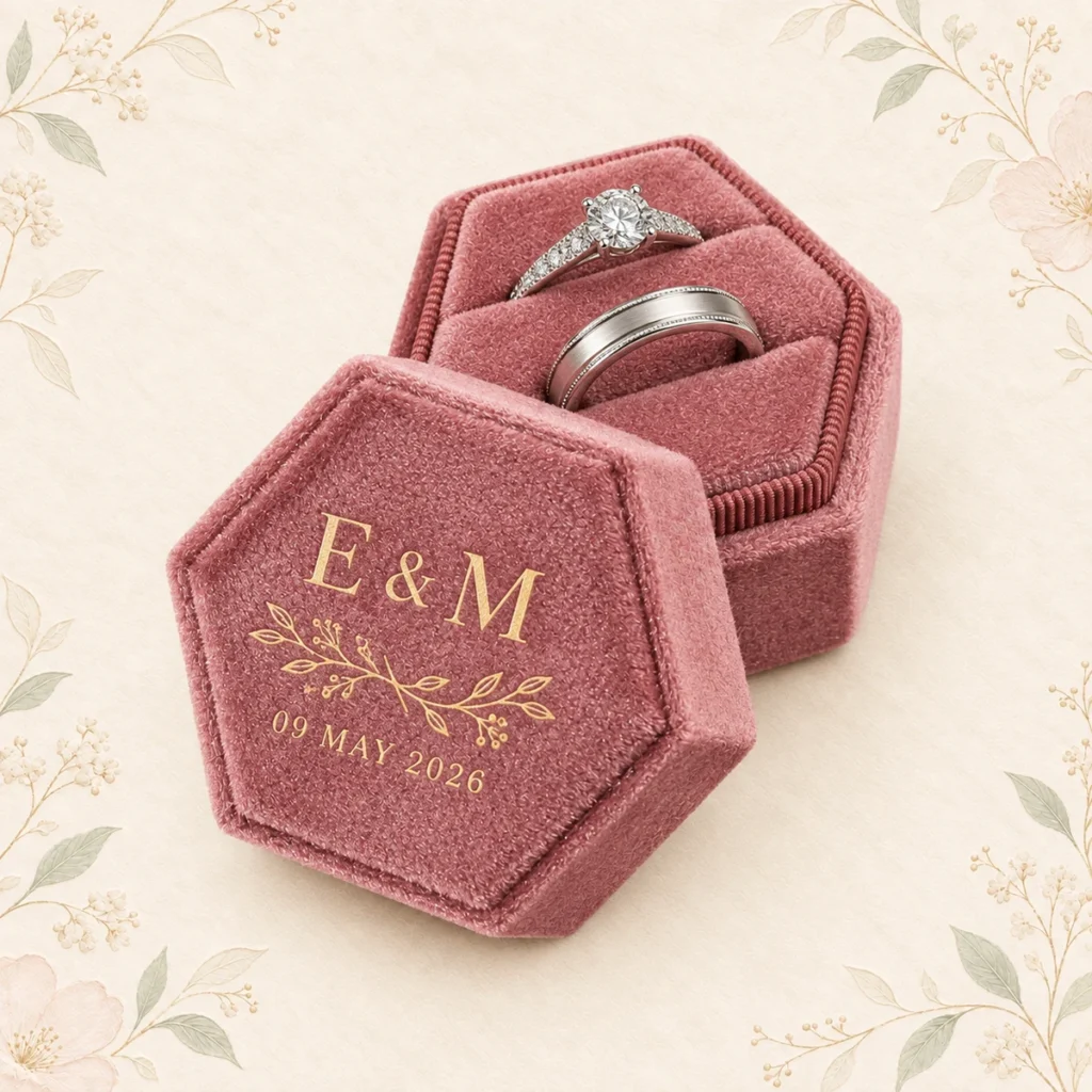 Dusty rose velvet ring box with E and M initials dated 9 May 2026