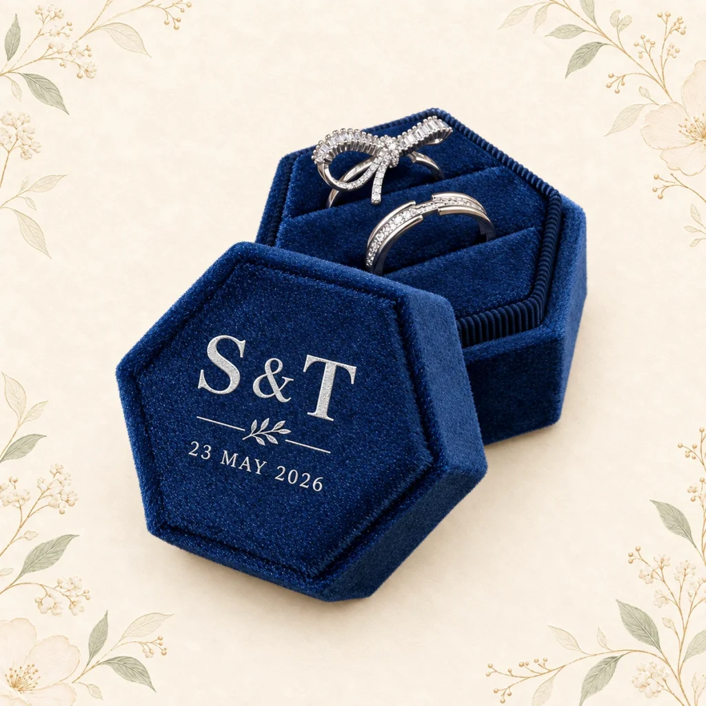 Navy velvet ring box with S and T initials dated 23 May 2026