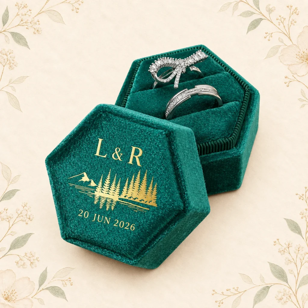 Forest green velvet ring box with L and R initials dated 20 June 2026