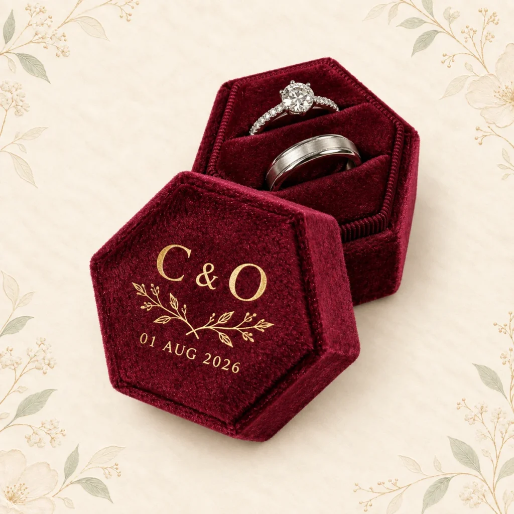 Burgundy velvet ring box with C and O initials dated 1 August 2026