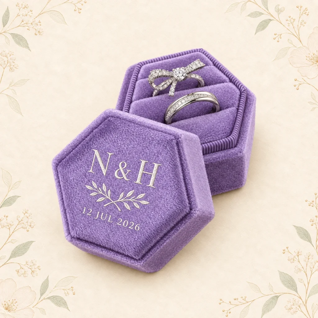 Lavender velvet ring box with N and H initials dated 12 July 2026