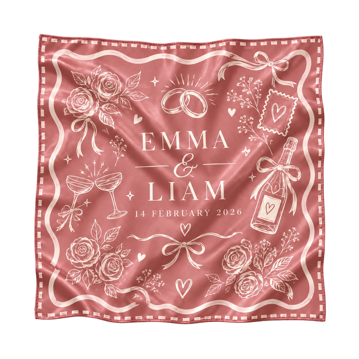 Dusty rose scarf for Emma and Liam dated 14 February 2026