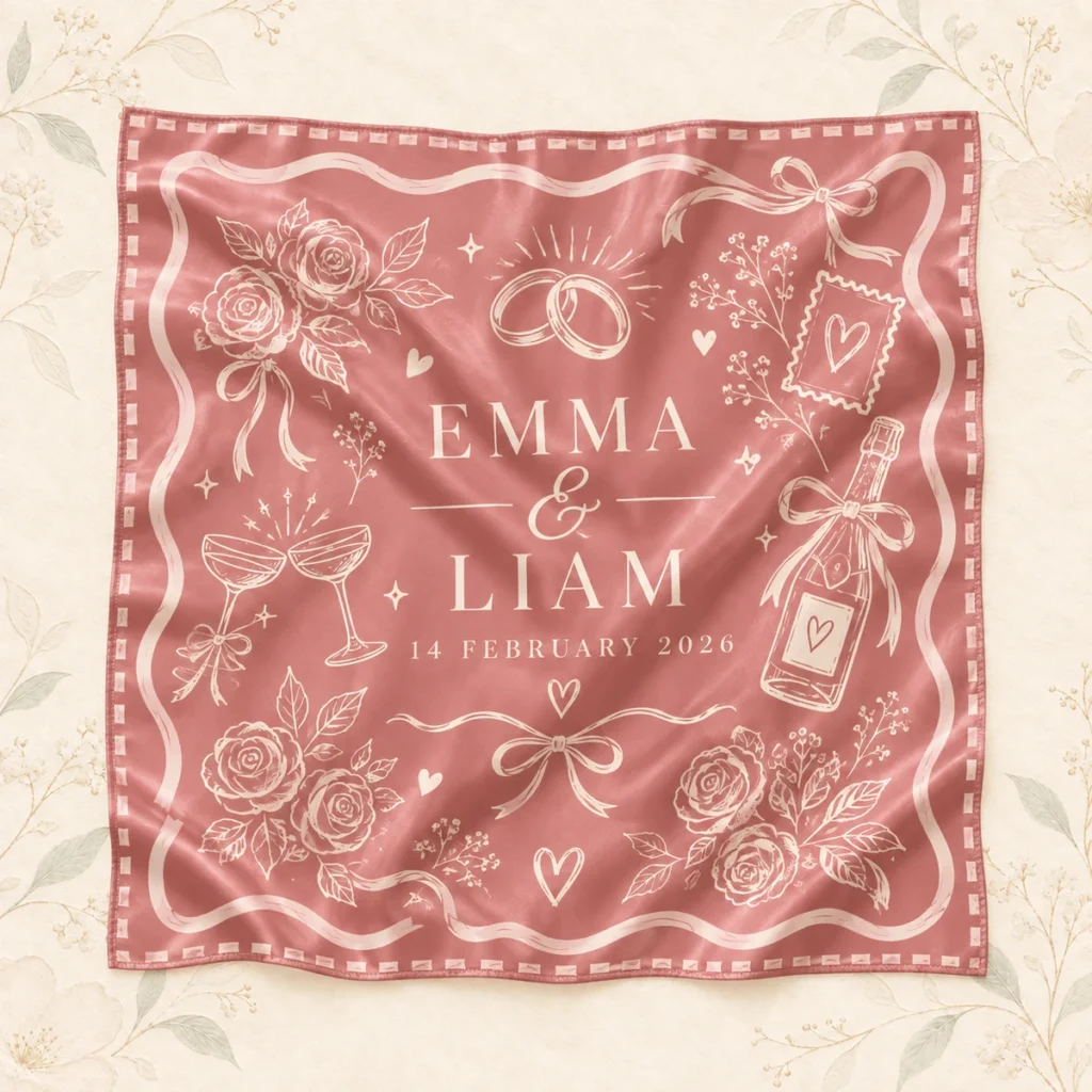 Dusty rose scarf for Emma and Liam dated 14 February 2026