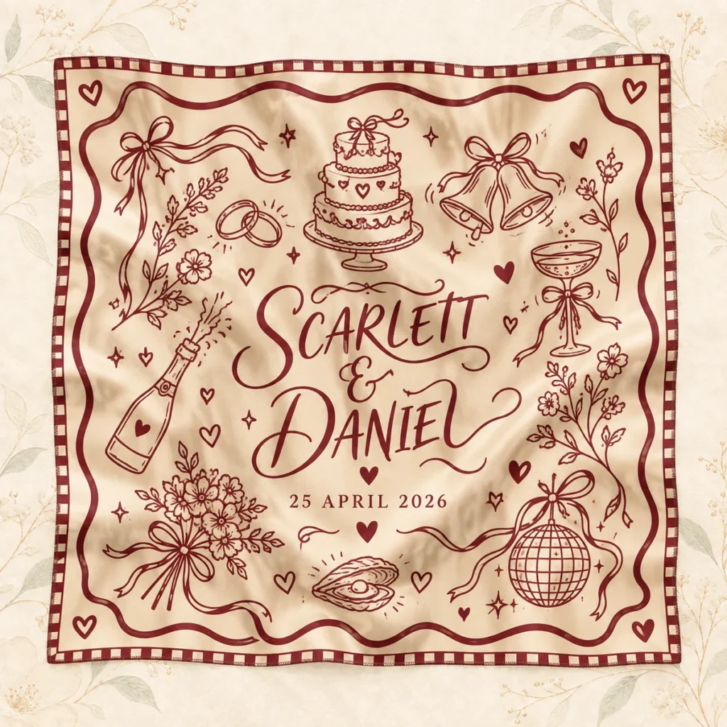 Champagne scarf for Scarlett and Daniel dated 25 April 2026