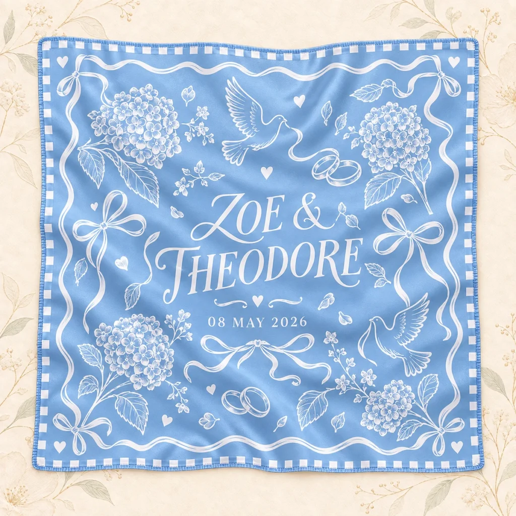 Powder blue scarf for Zoe and Theodore dated 8 May 2026