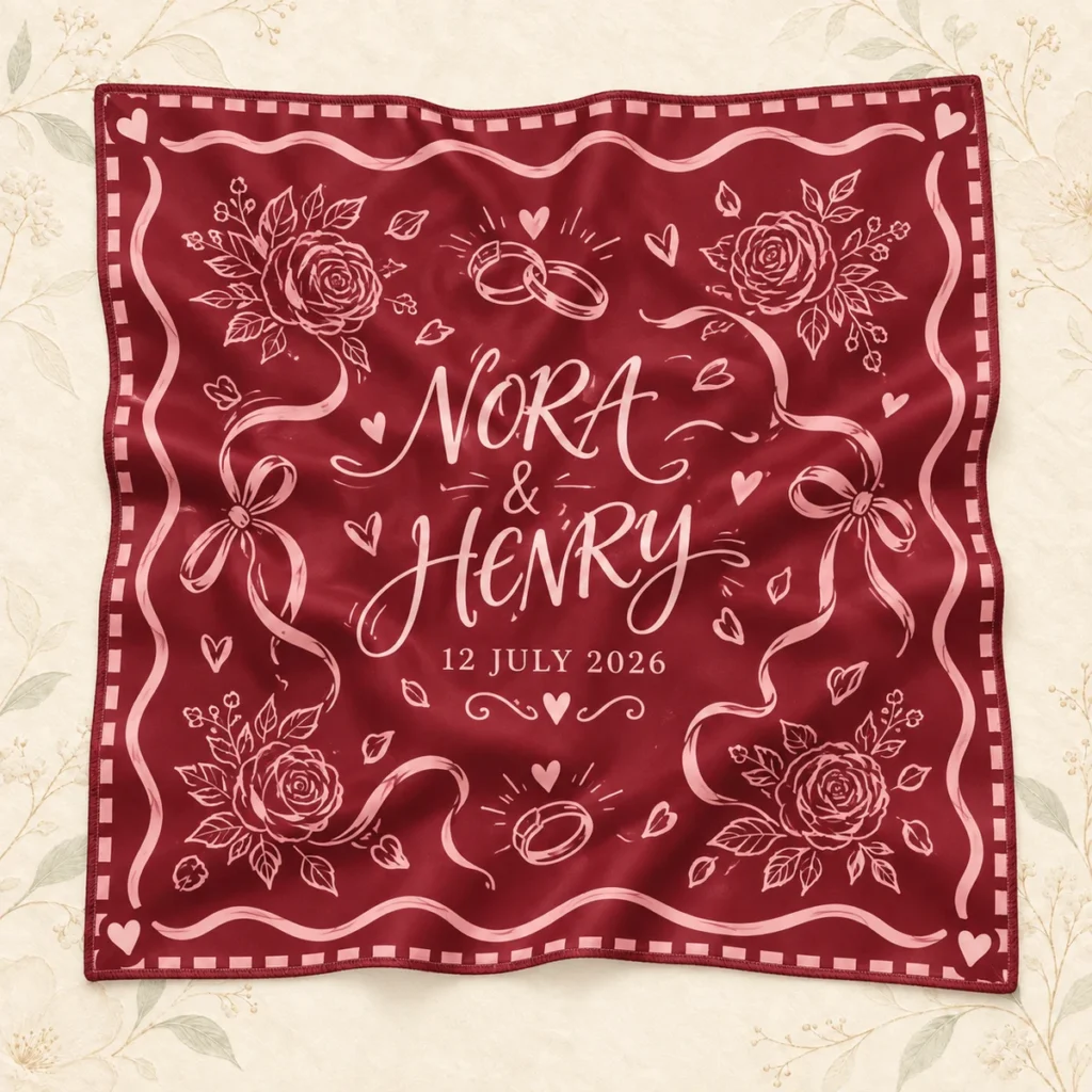 Burgundy scarf for Nora and Henry dated 12 July 2026