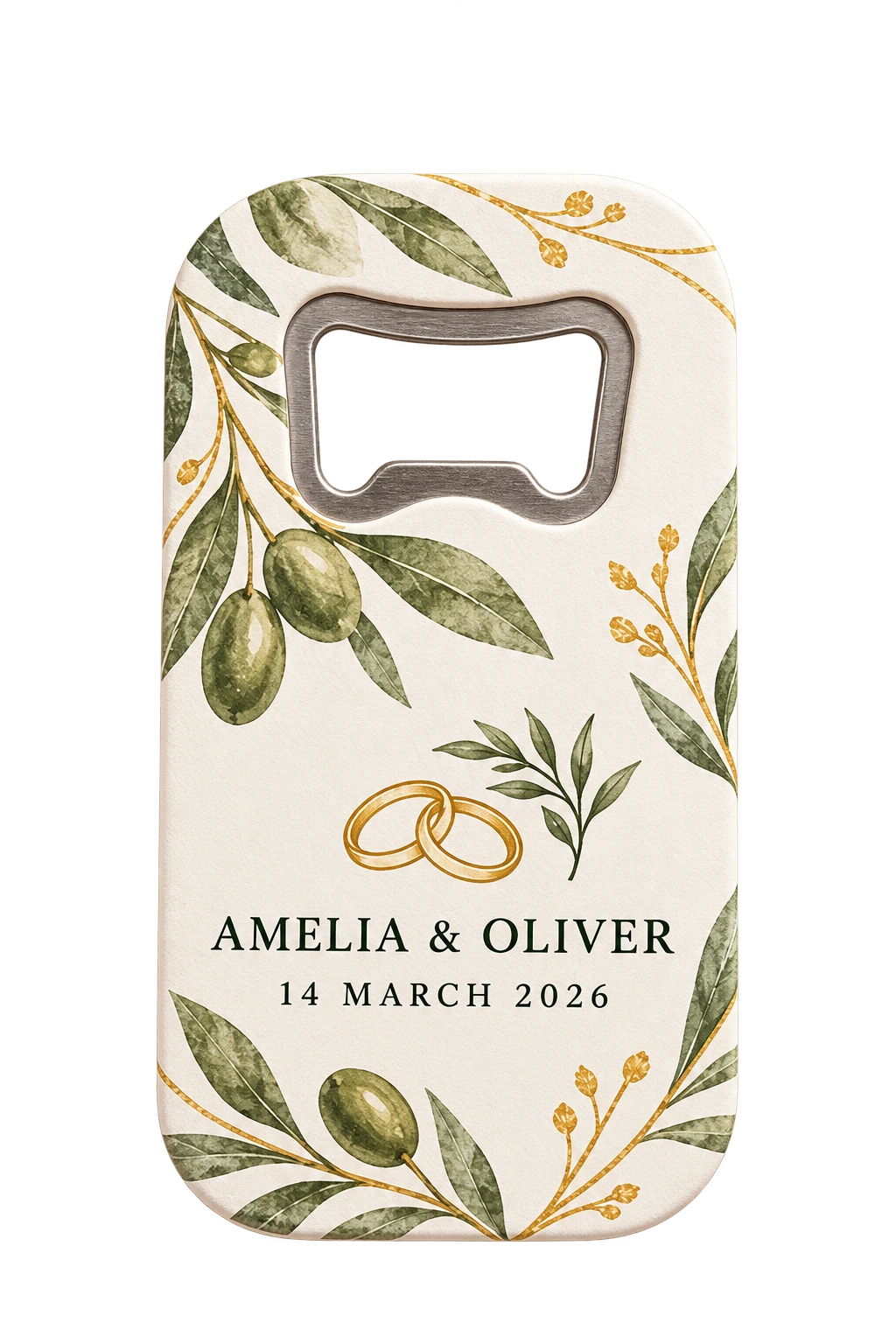Personalized wedding bottle opener magnet with botanical detail