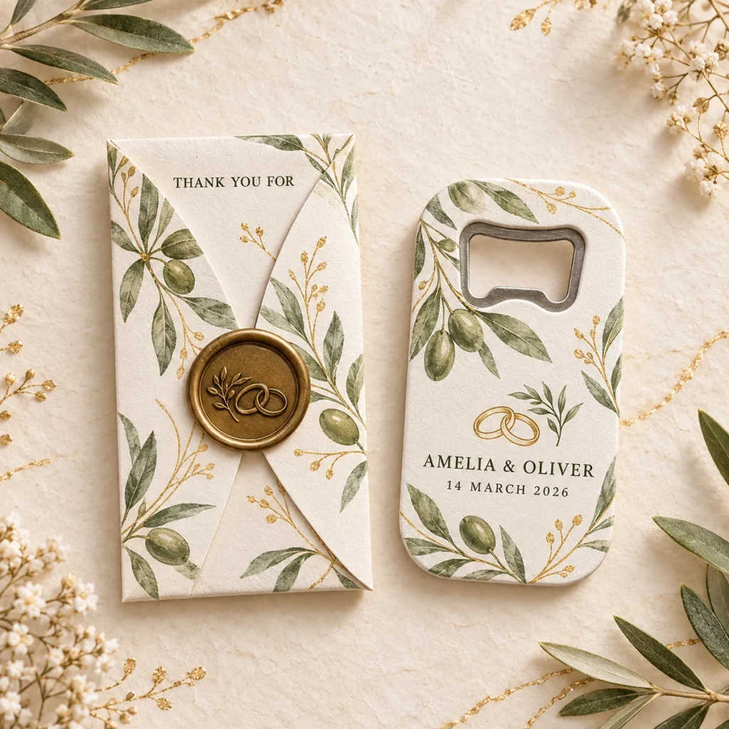 Wedding bottle opener magnet for Amelia and Oliver dated 14 March 2026