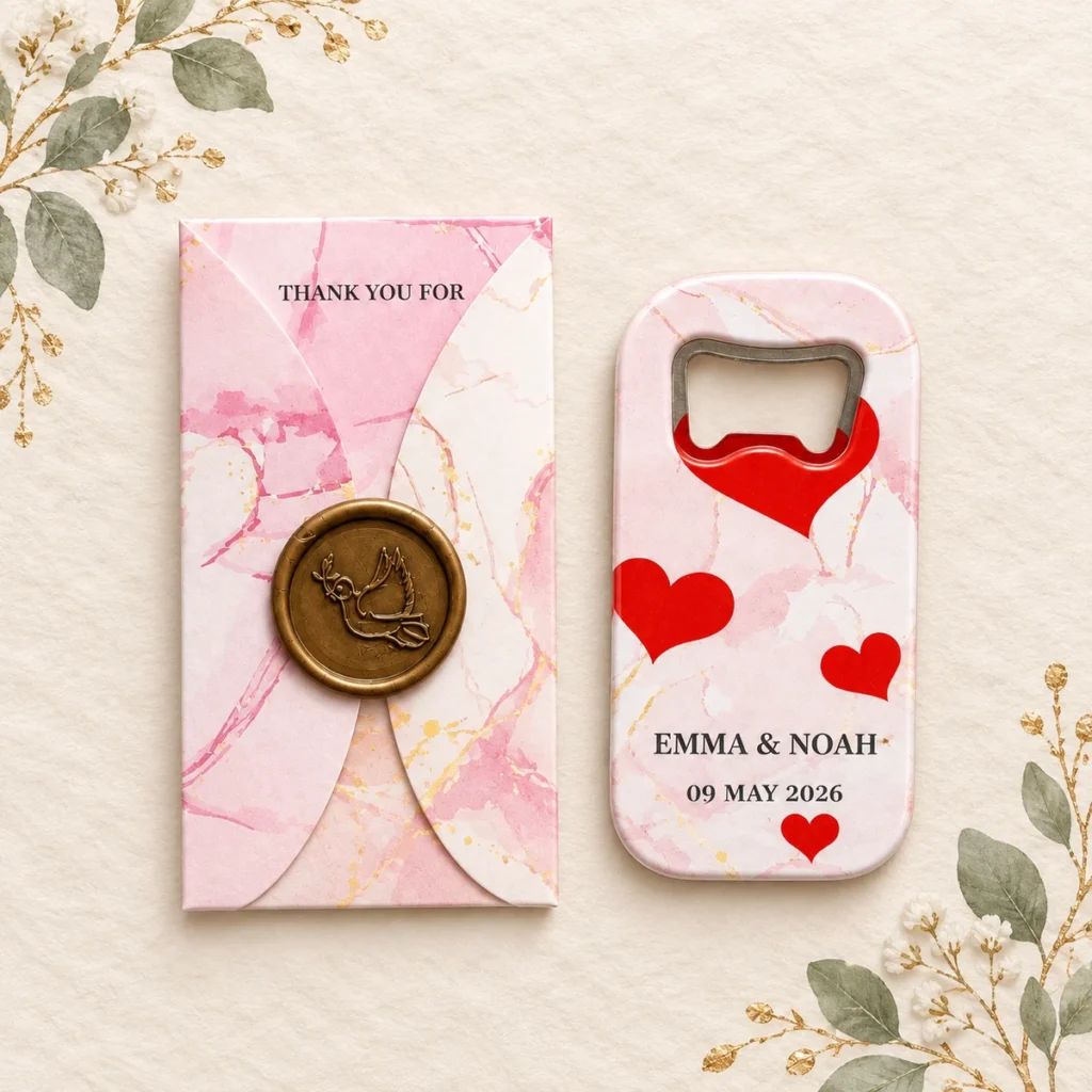 Wedding bottle opener magnet for Emma and Noah dated 9 May 2026