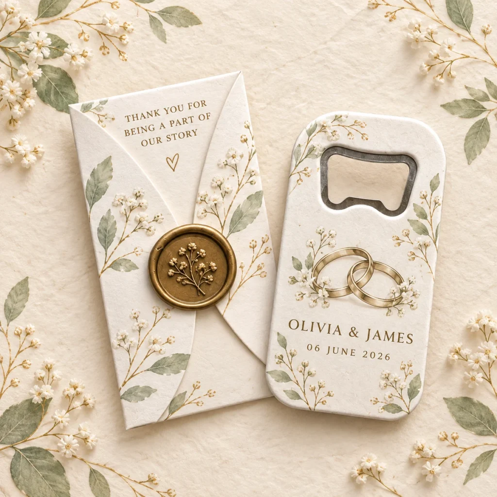 Wedding bottle opener magnet for Olivia and James dated 6 June 2026