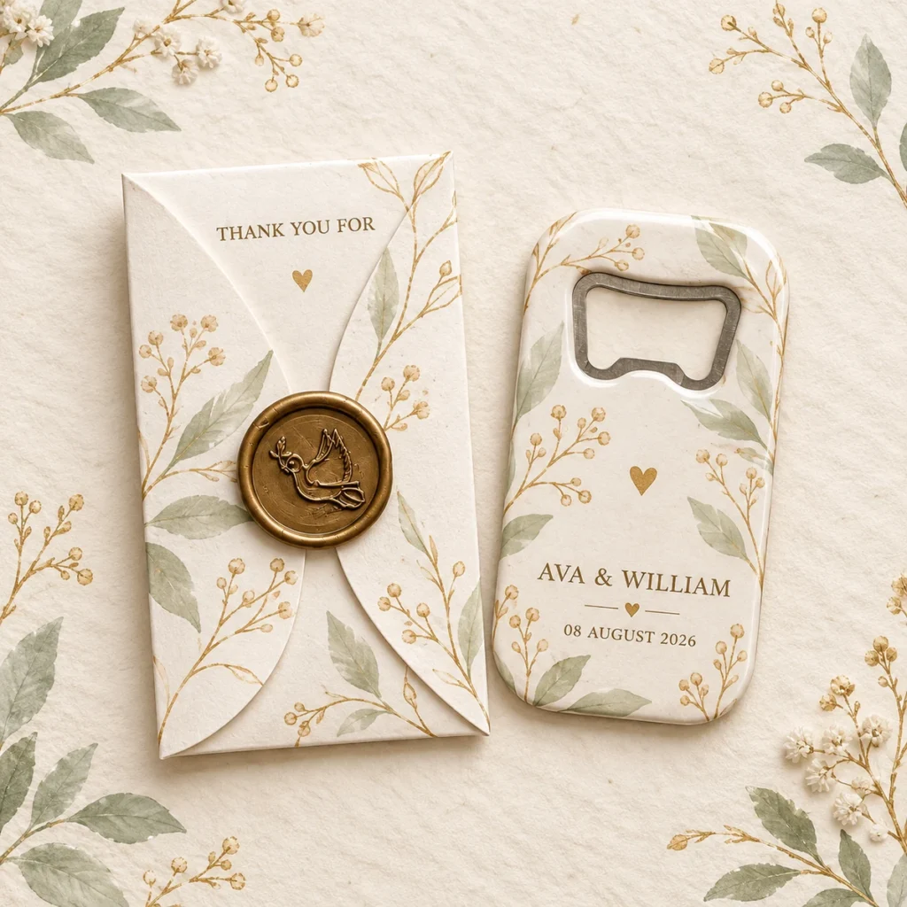 Wedding bottle opener magnet for Ava and William dated 8 August 2026