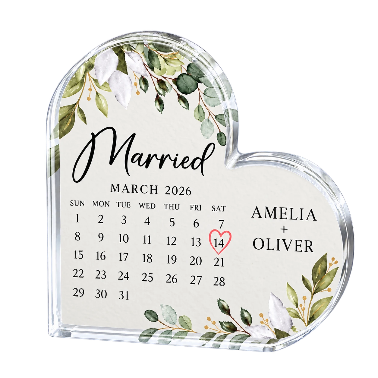 March 2026 acrylic wedding plaque for Amelia and Oliver highlighting 14 March