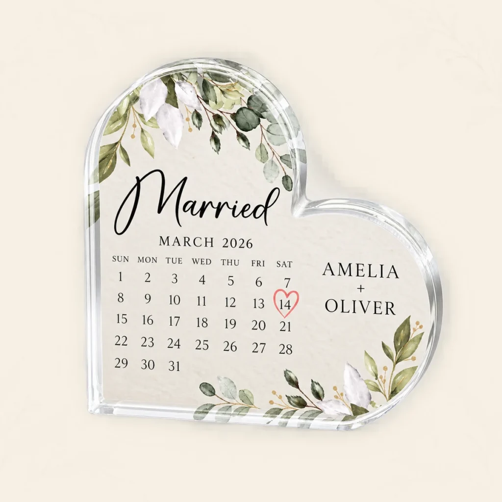 March 2026 acrylic wedding plaque for Amelia and Oliver highlighting 14 March
