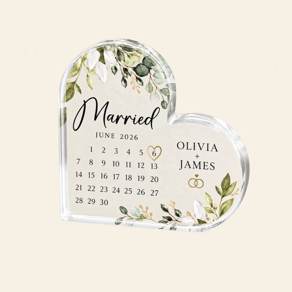 June 2026 acrylic wedding plaque for Olivia and James highlighting 6 June