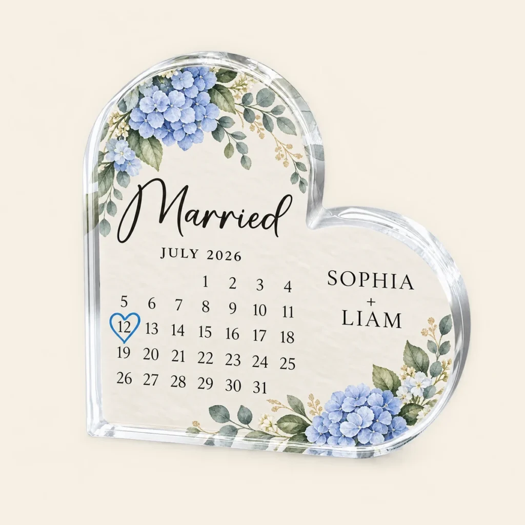 July 2026 acrylic wedding plaque for Sophia and Liam highlighting 12 July